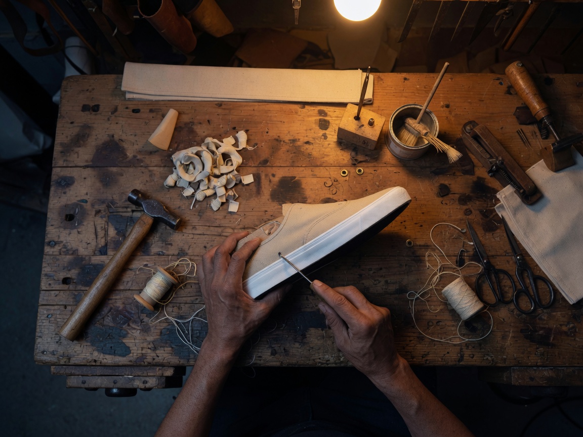 A shoemaker assembling a recycled sneaker